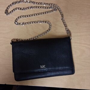 Michael Kors Black Pebbled Leather Crossbody with Silver Chain
